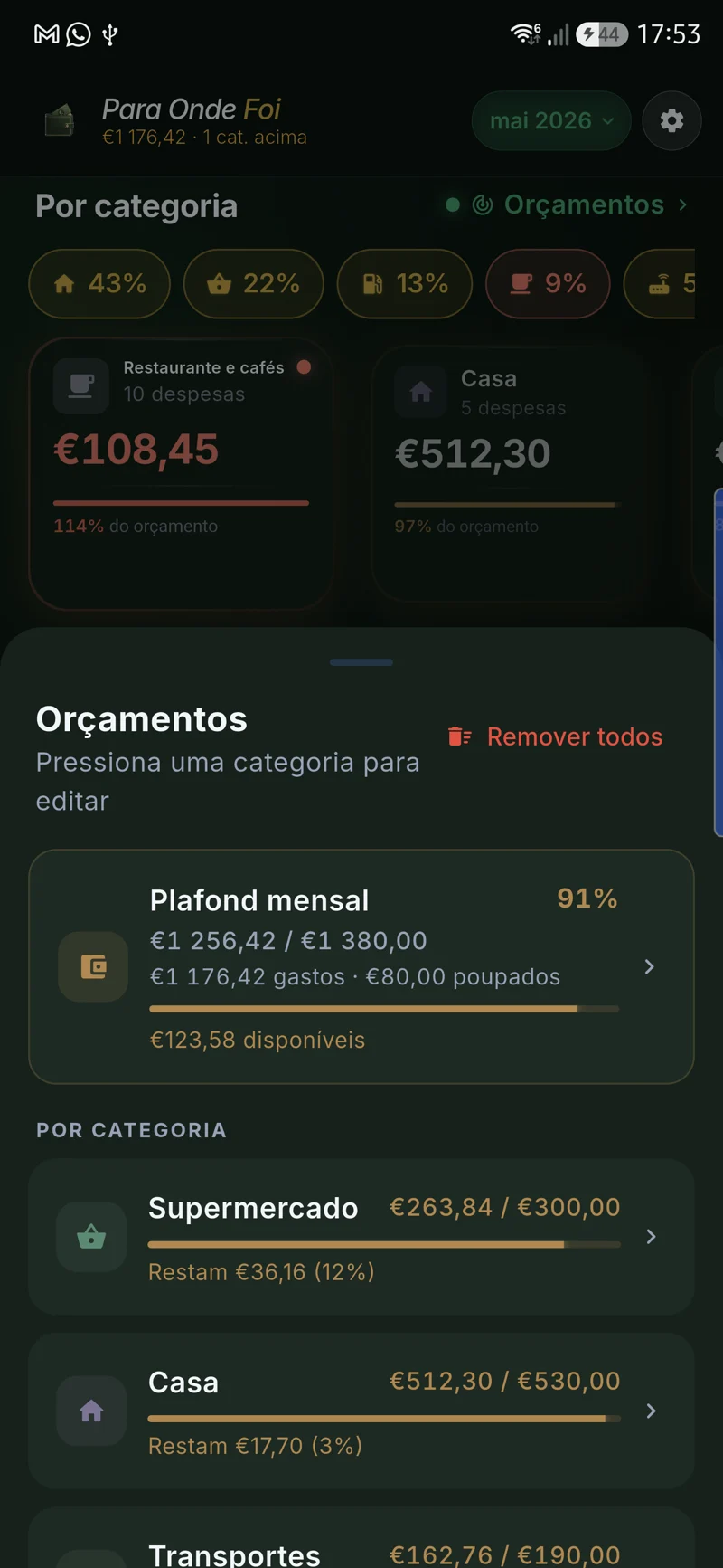 Ecrã real de categorias e orçamentos