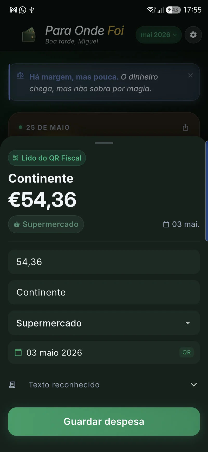 Ecrã real da app depois de ler o QR fiscal de uma fatura portuguesa