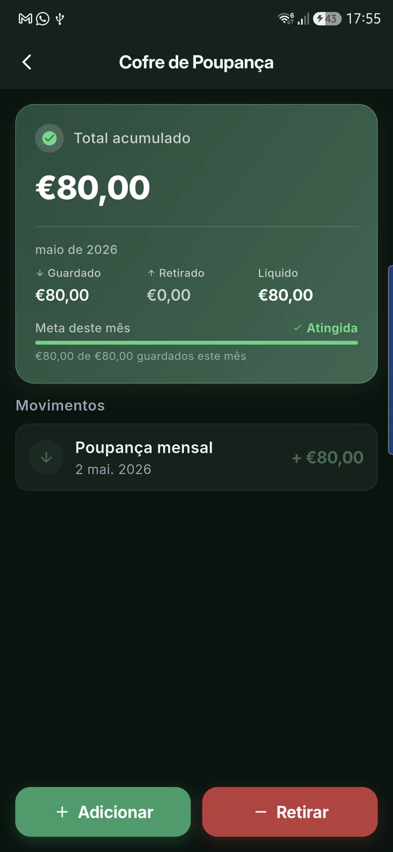 Ecrã real do Cofre de Poupança