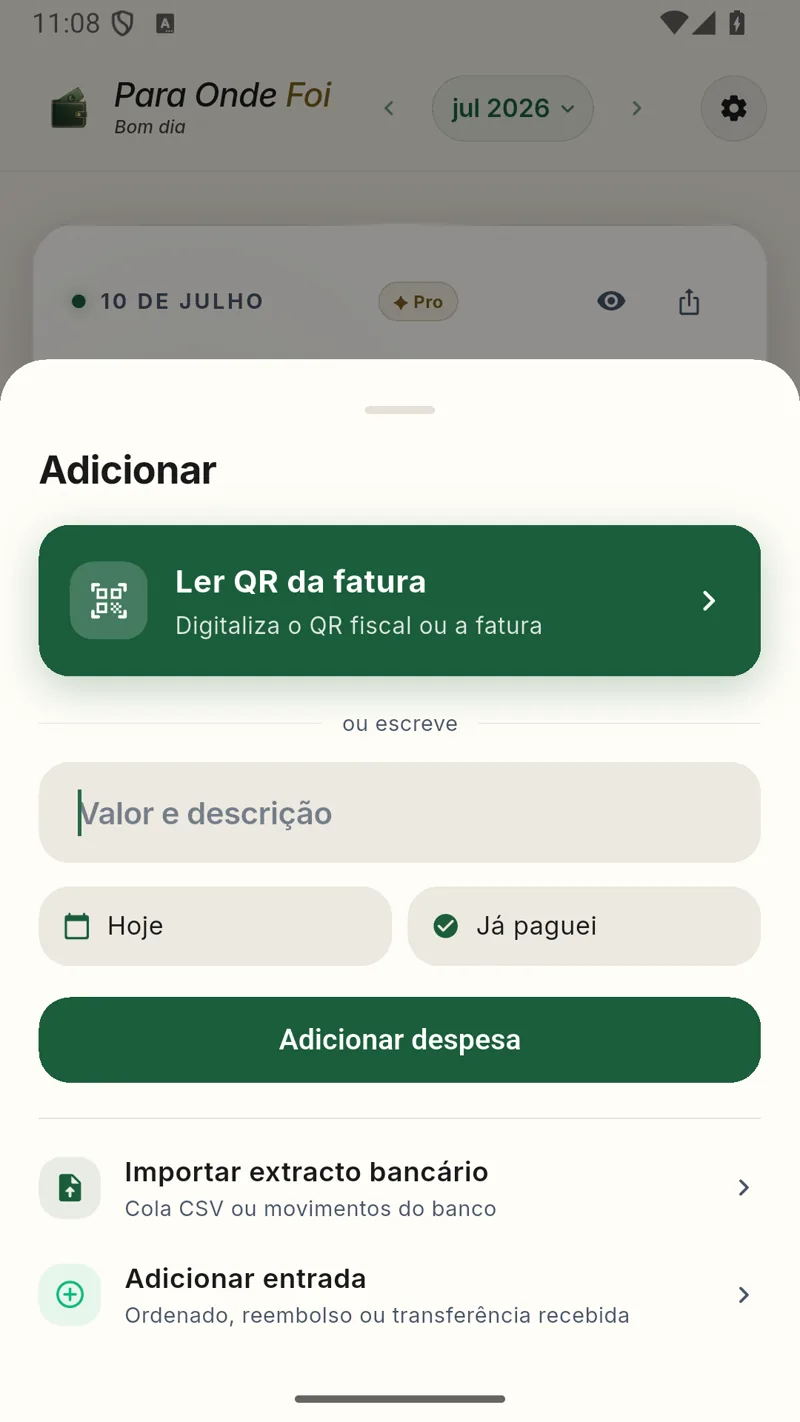 Ecrã real de registo de despesa da app