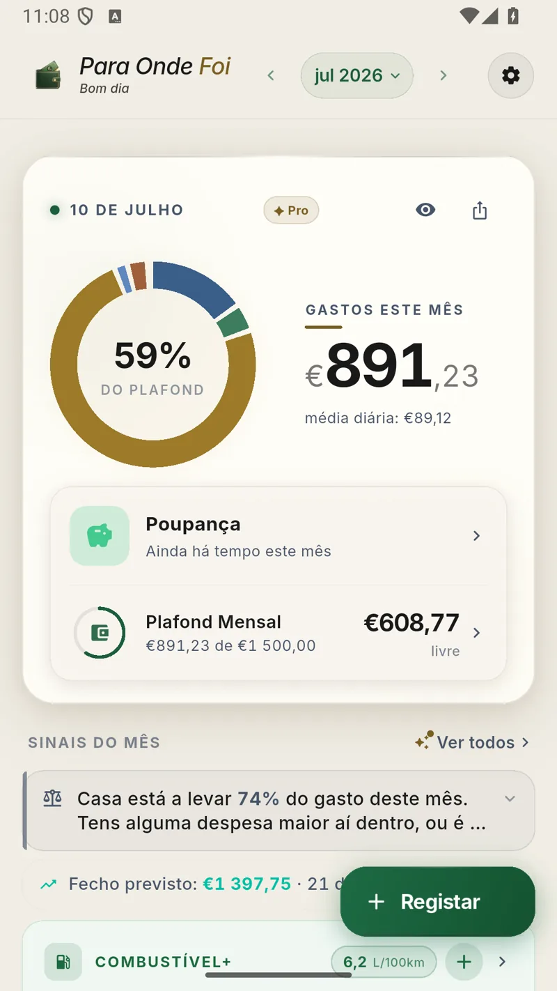 Dashboard real da app Para Onde Foi com resumo do mês e orçamento
