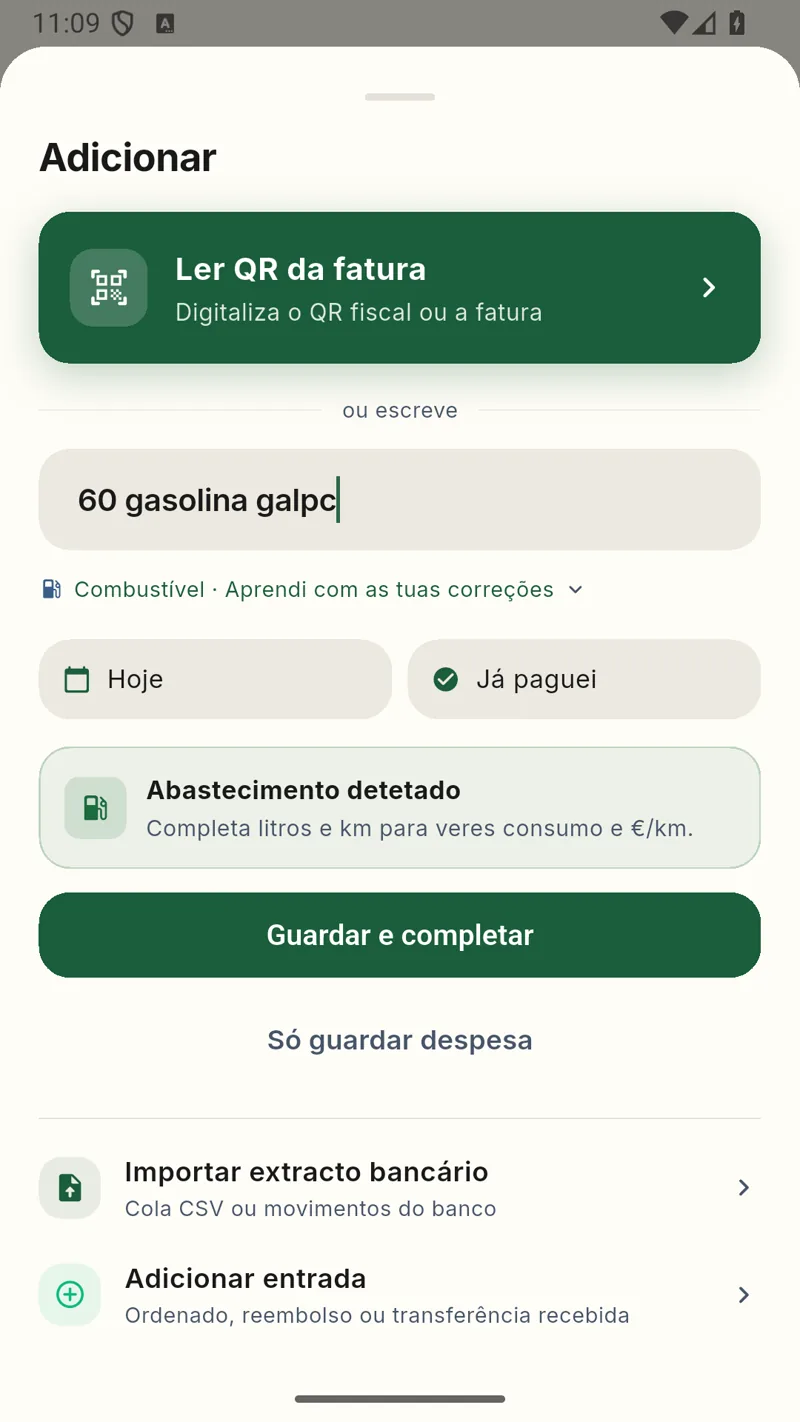 Ecrã real da app a detetar um abastecimento