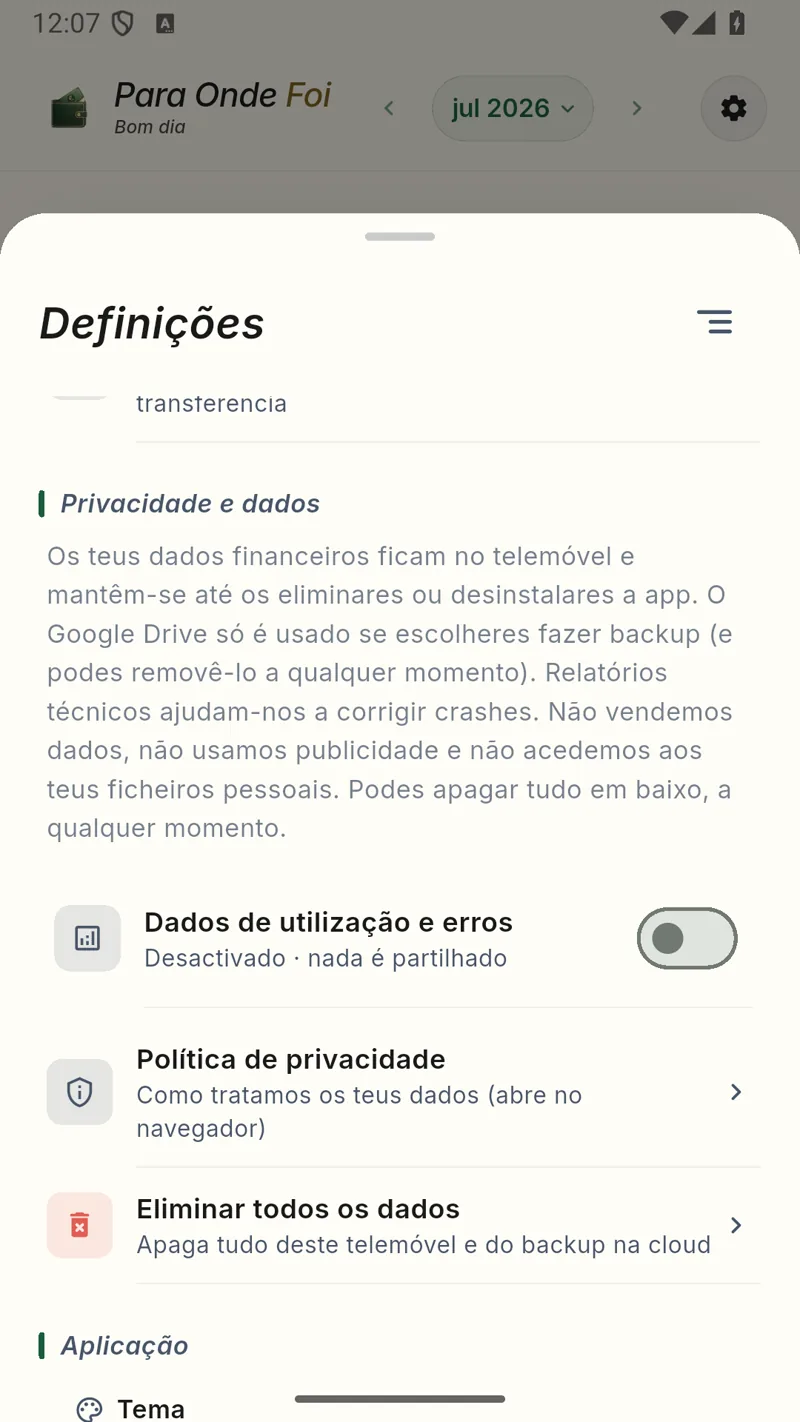 Ecrã real das definições de privacidade e dados